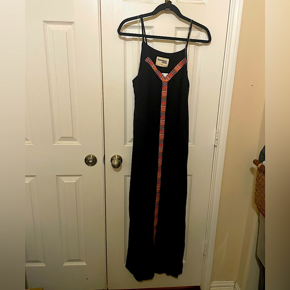 Savanna Jane Black with embroidered Aztec trim maxi Dress. NWT M